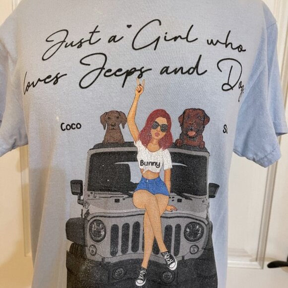 Gildan Womens Just a Girl Loves Jeeps and Dogs Blue T-Shirt S Crew Cotton Tee - Picture 10 of 10